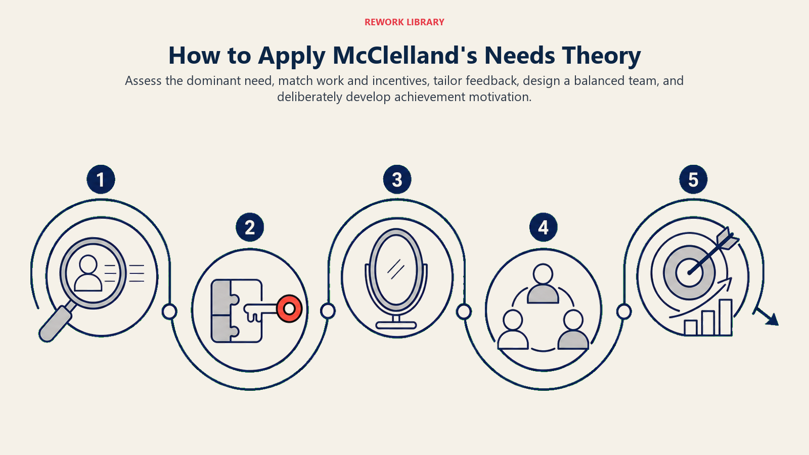 How to Apply McClelland's Needs Theory illustrated with five-stage route from observation lens through task matching to balanced team and achievement growth