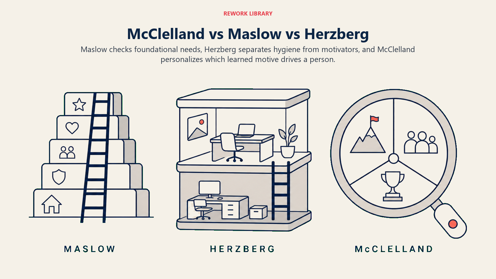 McClelland vs Maslow vs Herzberg illustrated with foundation ladder, two-layer environment, and three-drive personal lens arranged as complementary tools