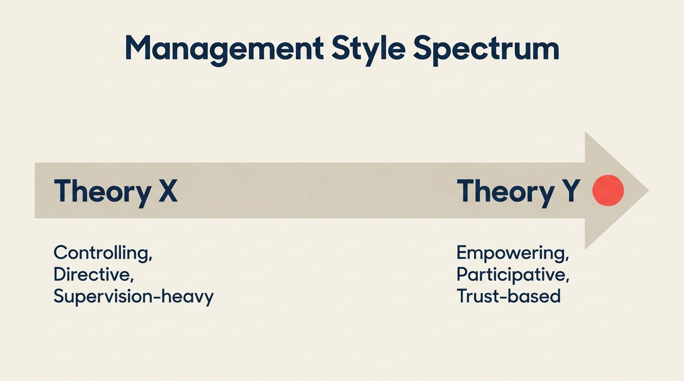 Management spectrum from controlling Theory X to empowering Theory Y