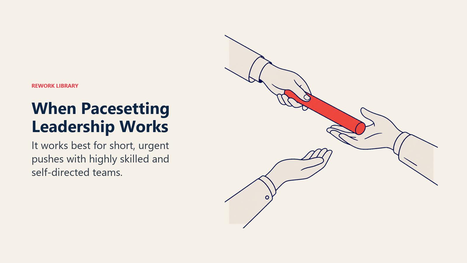 When Pacesetting Leadership Works visual showing a precision relay baton passing cleanly among three expert hands represented without faces