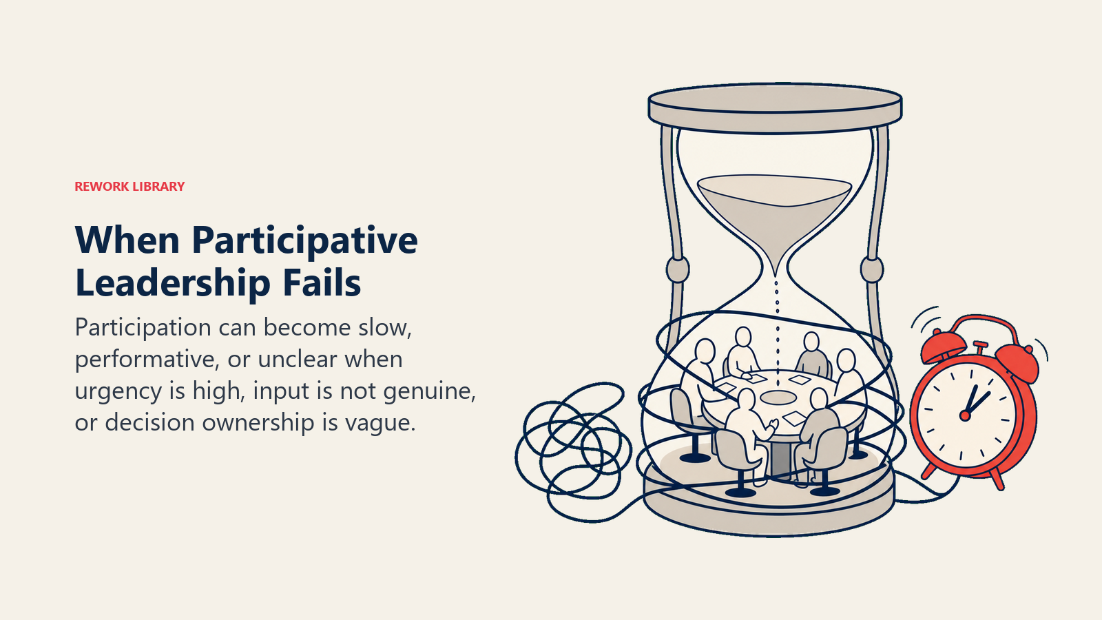 When Participative Leadership Fails illustrated with a collaborative roundtable is caught in a timing hourglass and tangled ownership cord, with one coral deadline alarm