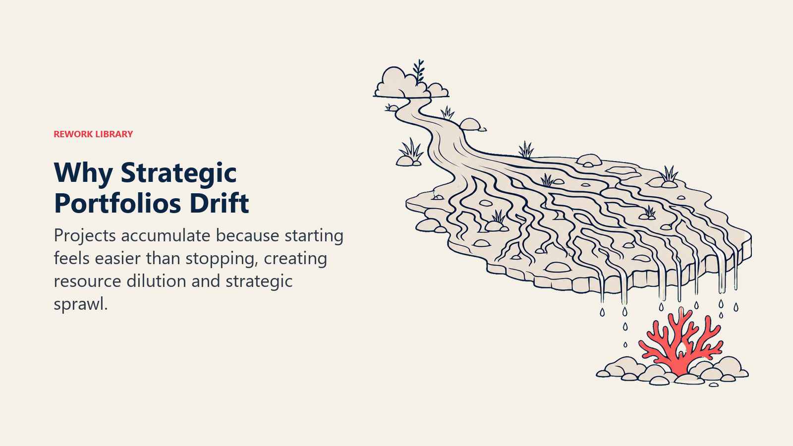 Why Strategic Portfolios Drift visual showing a tidy stream widening into too many shallow channels before a coral resource drop