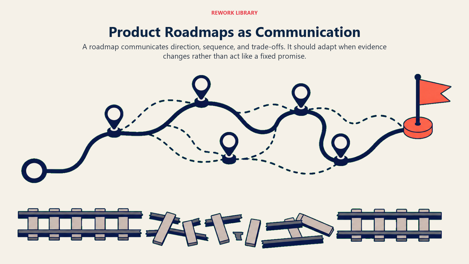 Product Roadmaps as Communication: wide flexible route map with movable milestone tabs and one coral destination, contrasted subtly with a broken rigid rail discarded