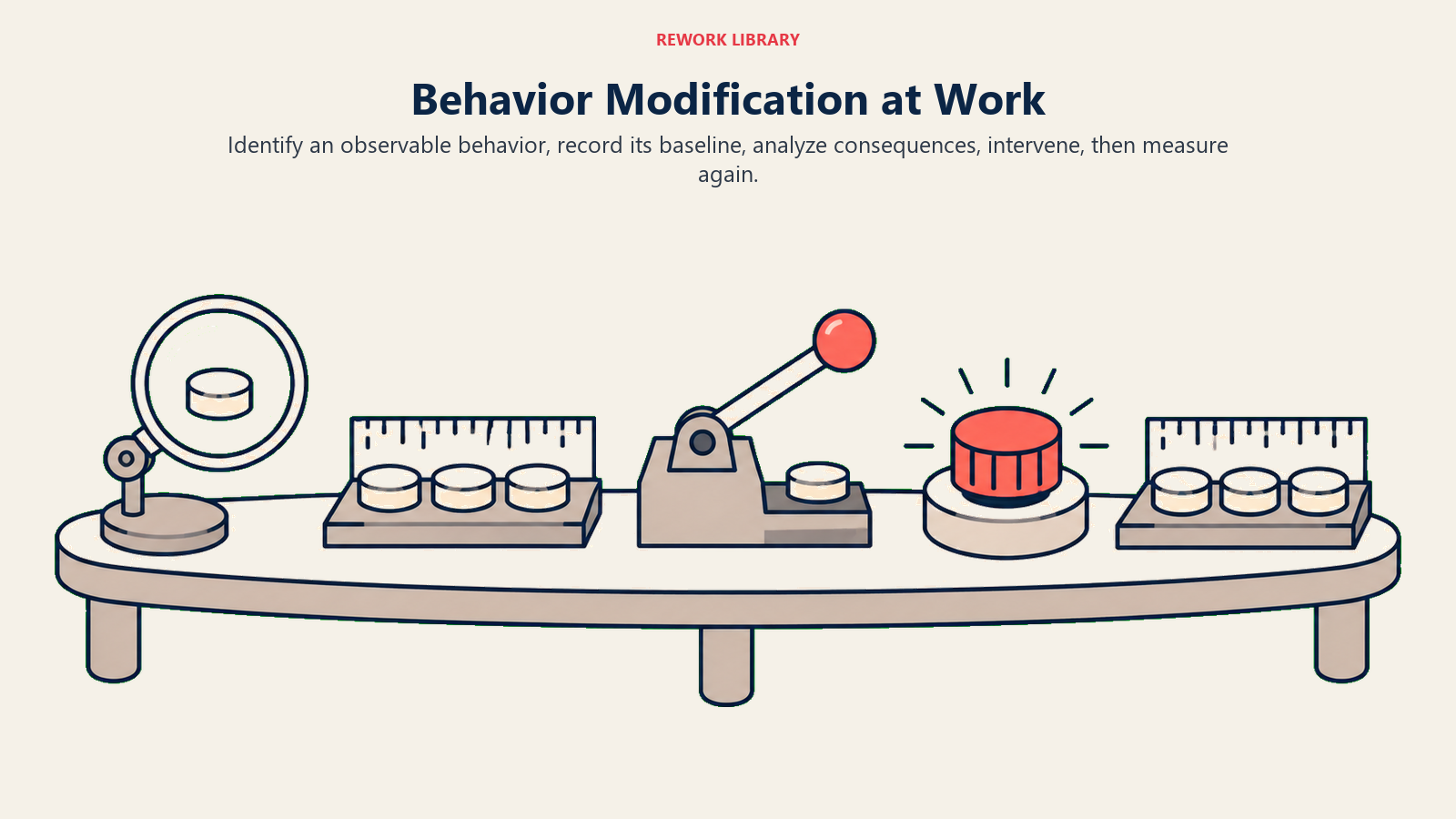 Organizational Behavior Modification, dargestellt als Identifizieren, Messen, Analysieren, Verändern und erneutes Prüfen eines Verhaltens.