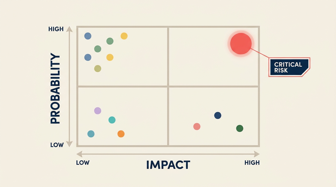 Leader mapping risk scenarios on a decision matrix with probability and impact axes