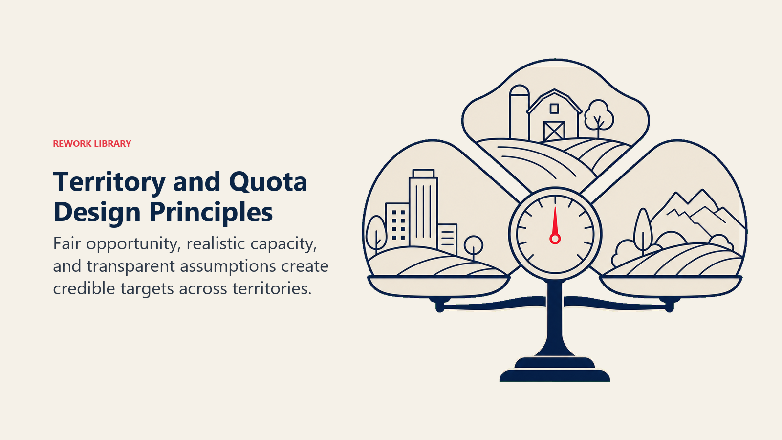 Territory and Quota Design Principles visual showing a balanced territory map divided into three fair fields around one shared quota scale