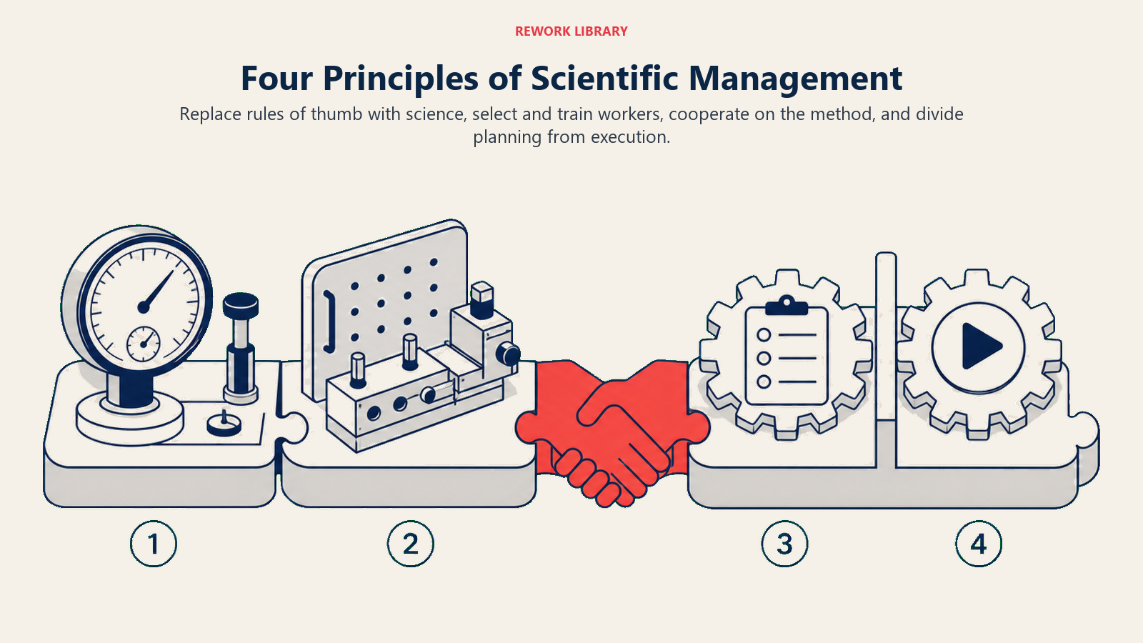 Four Principles of Scientific Management illustrated as four interlocking workbench modules completing one mechanism