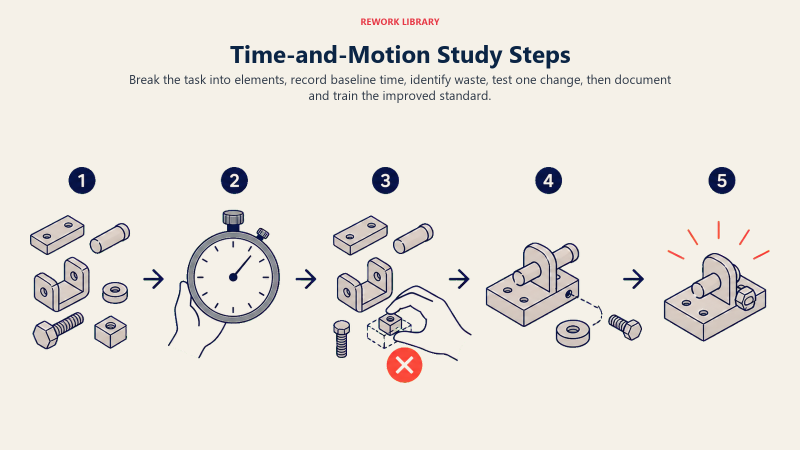 Time-and-Motion Study Steps illustrated as five work motions moving through observation to a standard