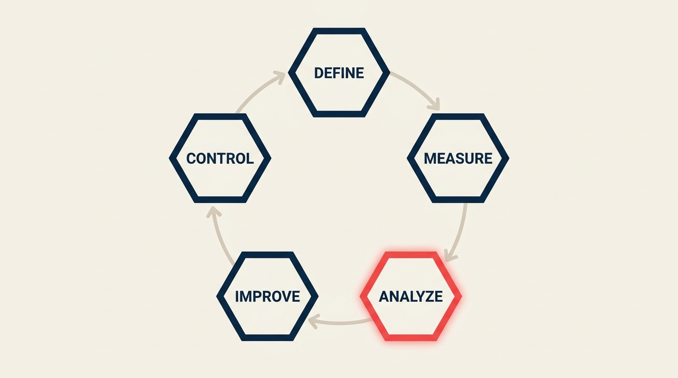 Operations leader reviewing a DMAIC process improvement map with quality and defect metrics