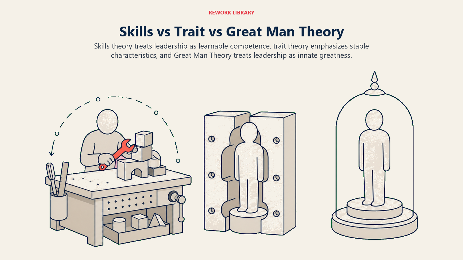 Skills vs Trait vs Great Man Theory illustrated as a practice workbench contrasted with a fixed mold and sealed birthright pedestal