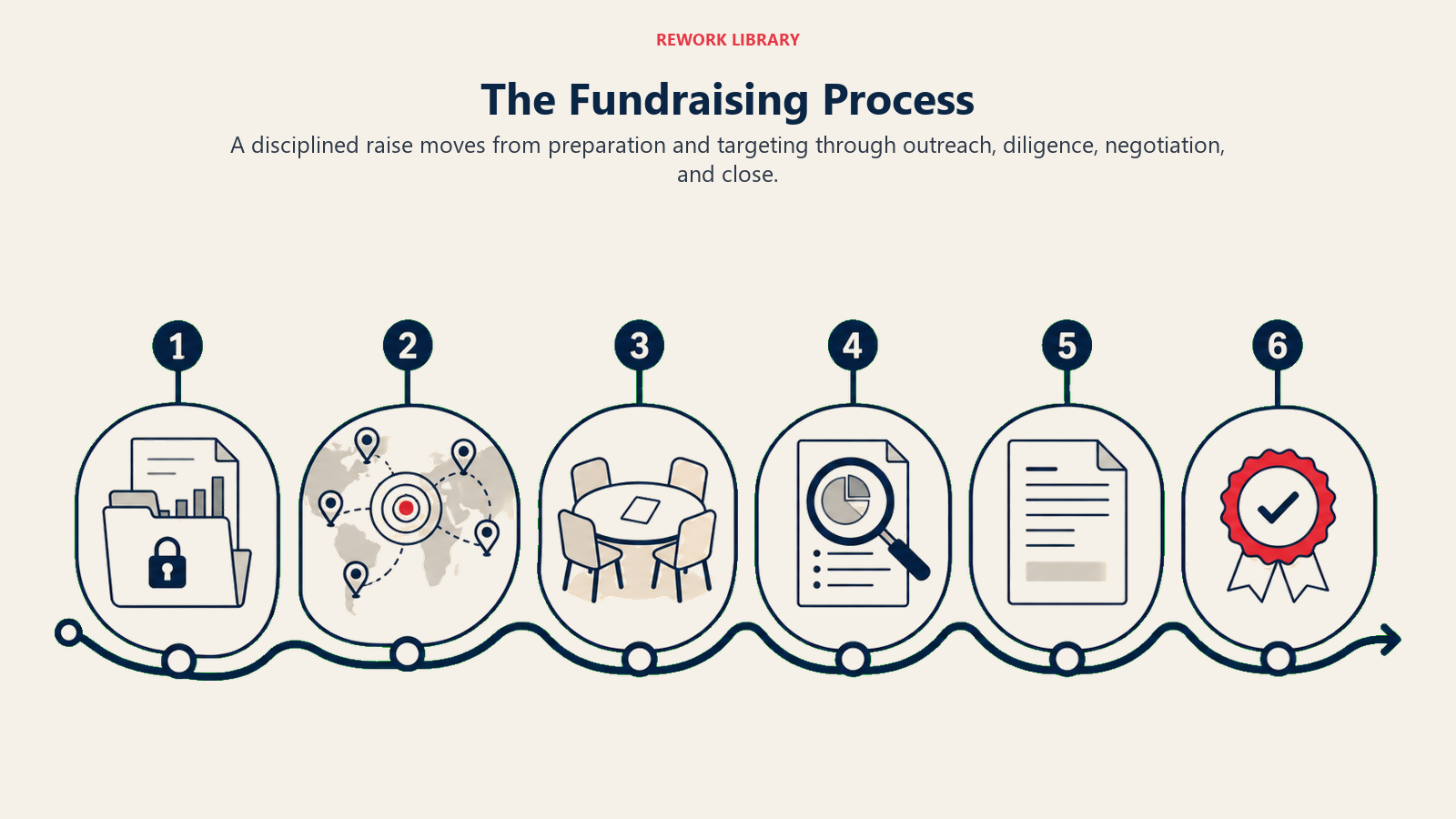 The Fundraising Process illustrated with a six-stage path gives leaders a clear view of the complete raise.