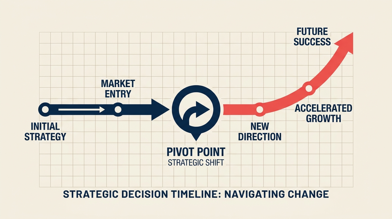 Leadership team at strategy table analyzing market signals and deciding between staying the course or pivoting direction