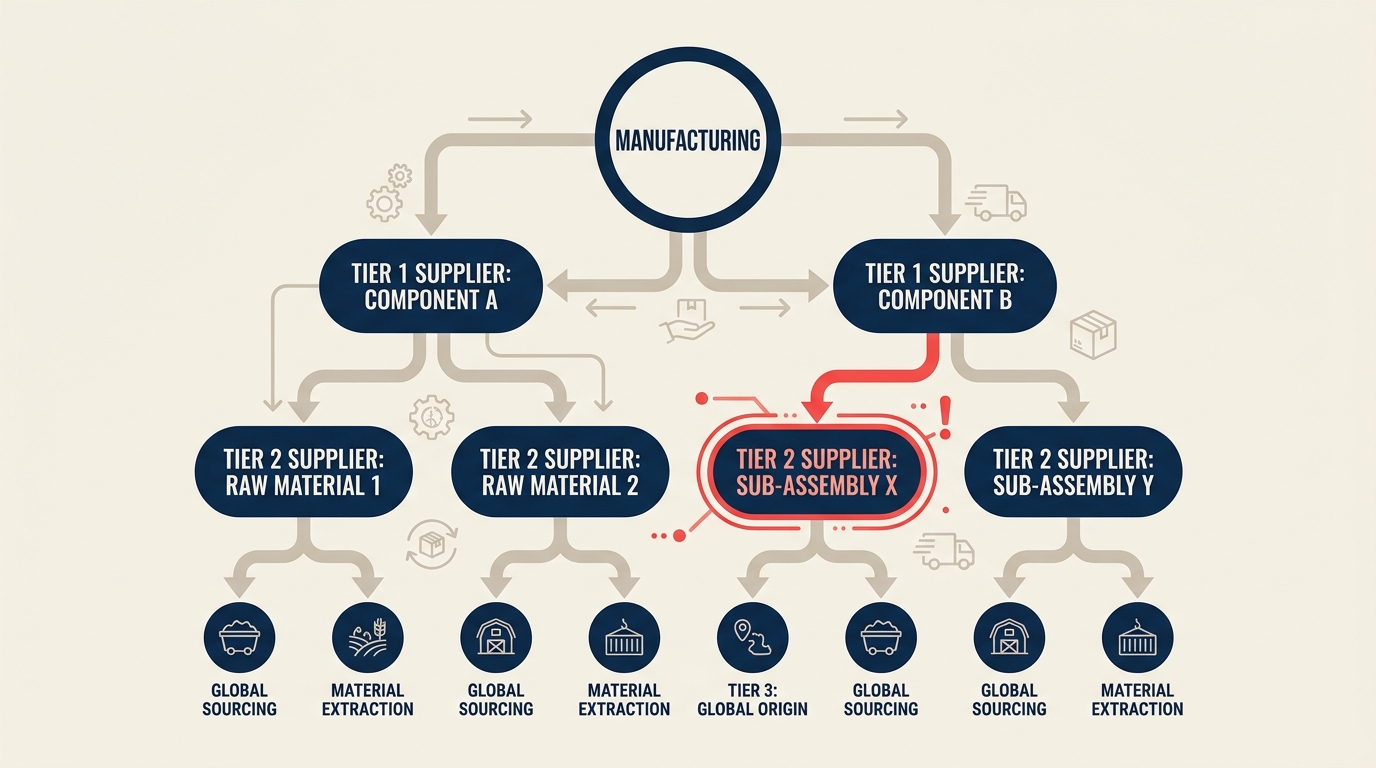 Executive reviewing supply chain network map with supplier tiers, logistics flows, and risk exposure indicators
