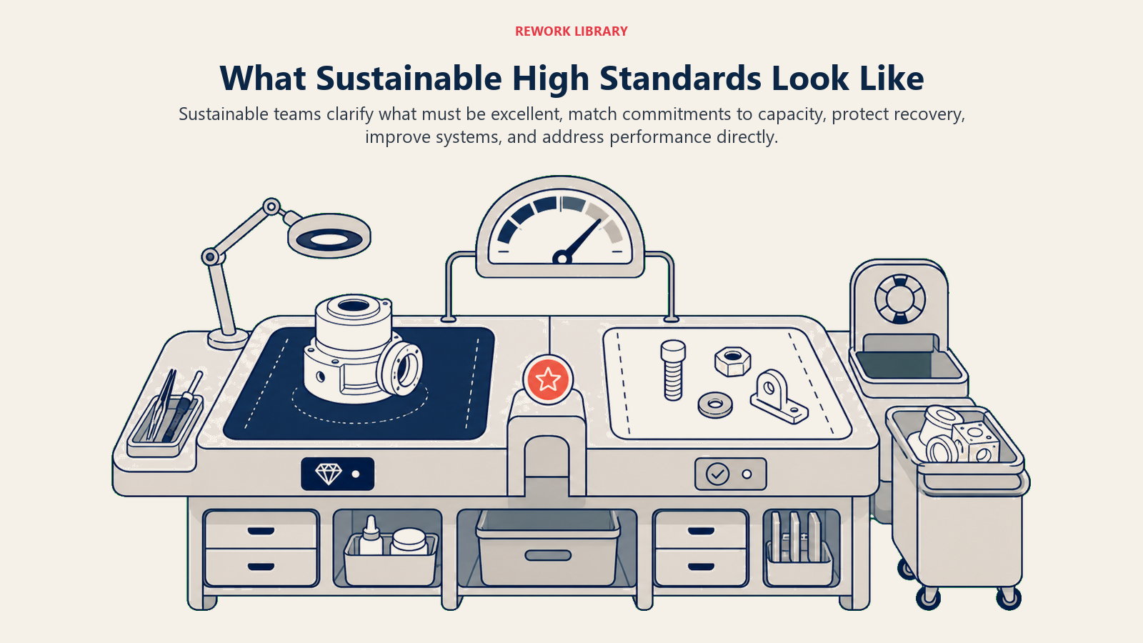 What Sustainable High Standards Look Like illustrated with a quality control bench that sends only critical work through a precision lane while routine work uses a lighter lane