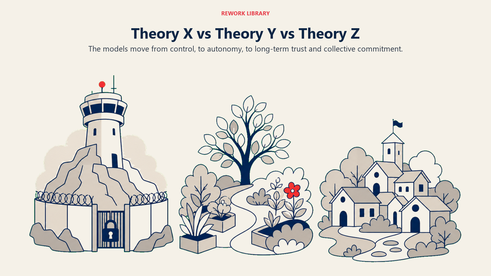 Theory X vs Theory Y vs Theory Z illustrated with three contrasting landscapes visualize control, empowerment, and high-trust community.