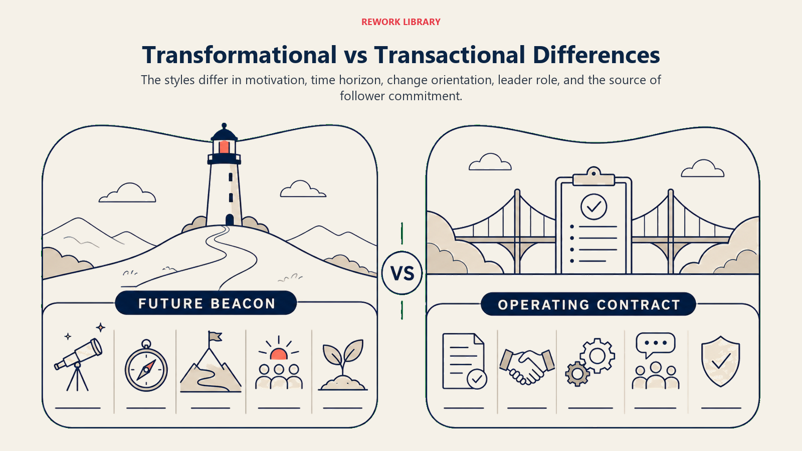 Transformational vs Transactional Differences illustrated with a large two-side comparison reveals the distinct operating logic of each style.