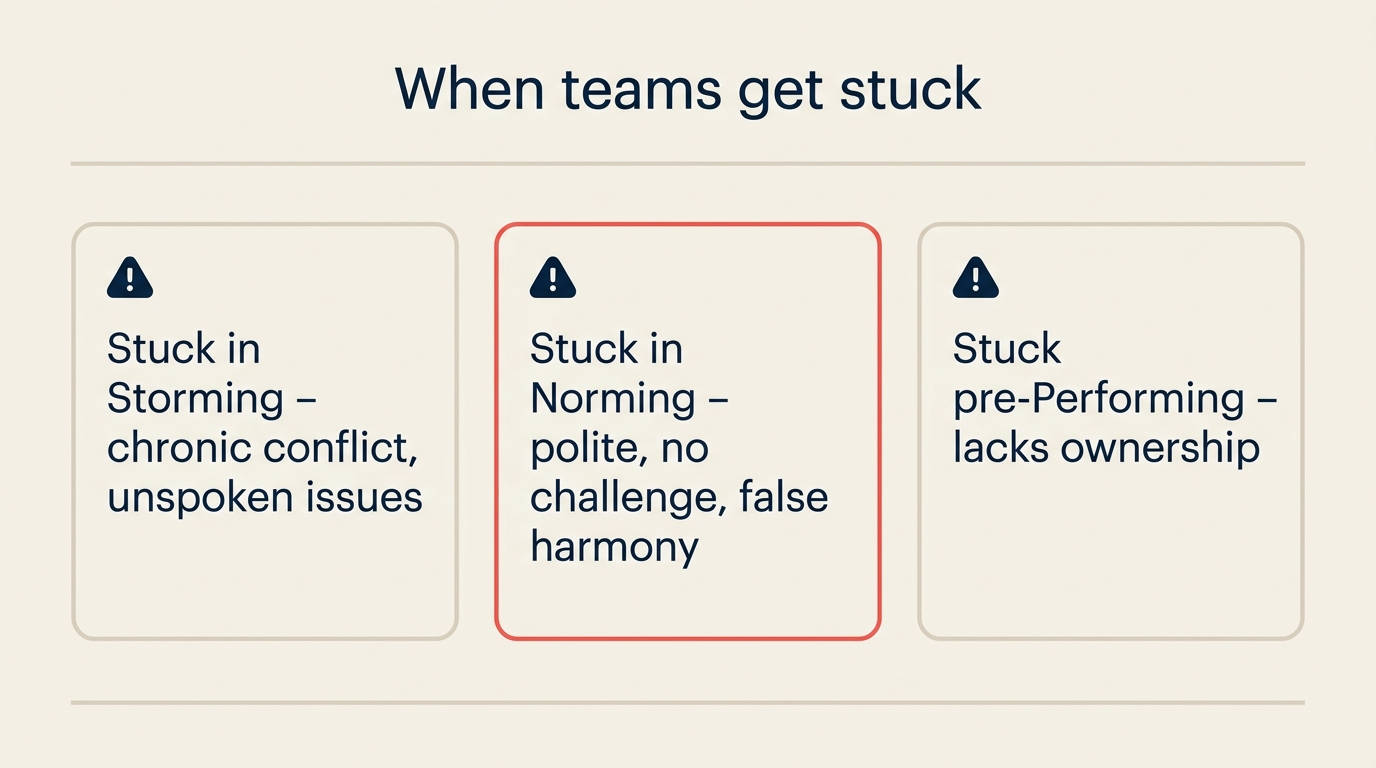 Warning signs of teams stuck in storming or norming with leader interventions
