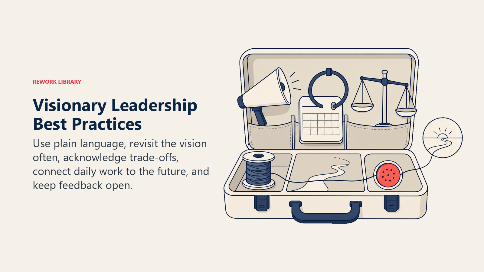 Visionary Leadership Best Practices illustrated with a leader's field kit presents a plain speaking cone, recurring calendar ring, trade-off scale, work-to-horizon thread, and one coral listening port