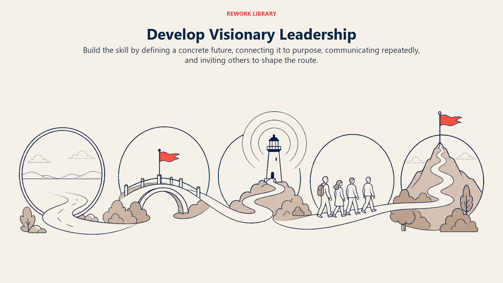 Develop Visionary Leadership illustrated with a wide drafting journey moves from a blank horizon lens to a purpose bridge, then to an echo beacon and shared route, ending at one coral destination