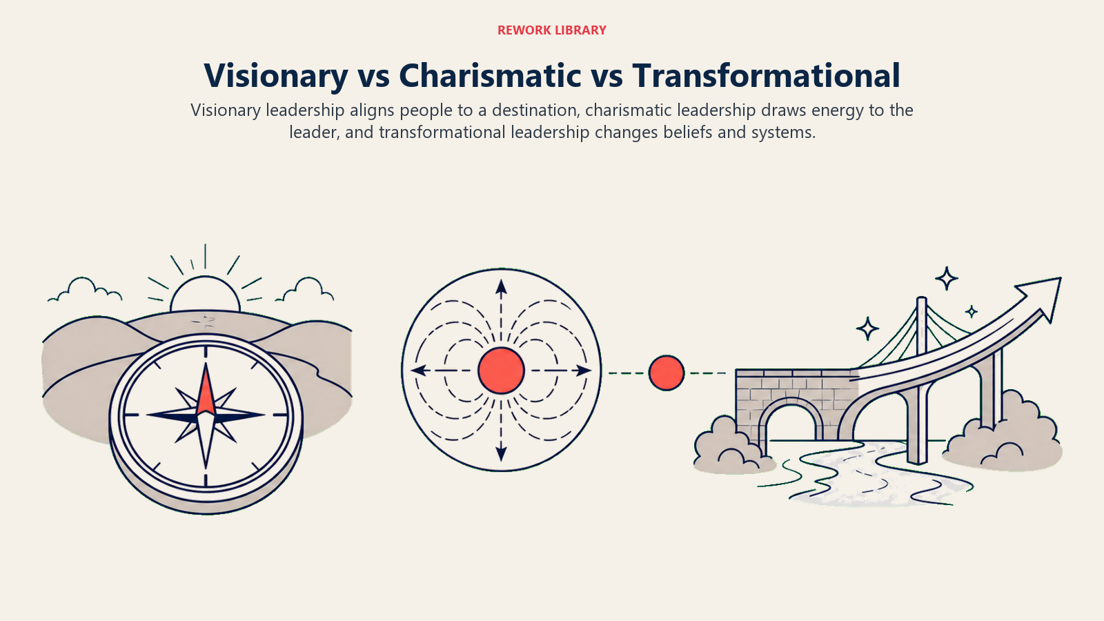 Visionary vs Charismatic vs Transformational illustrated with a wide comparison shows a horizon compass, a magnetic center, and a transforming bridge as three clearly separated metaphors with one coral relation marker