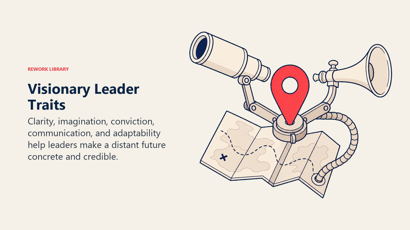 Visionary Leader Traits illustrated with a compact navigator kit combines a telescope, unfolding map, signal horn, and flexible hinge around one coral destination pin