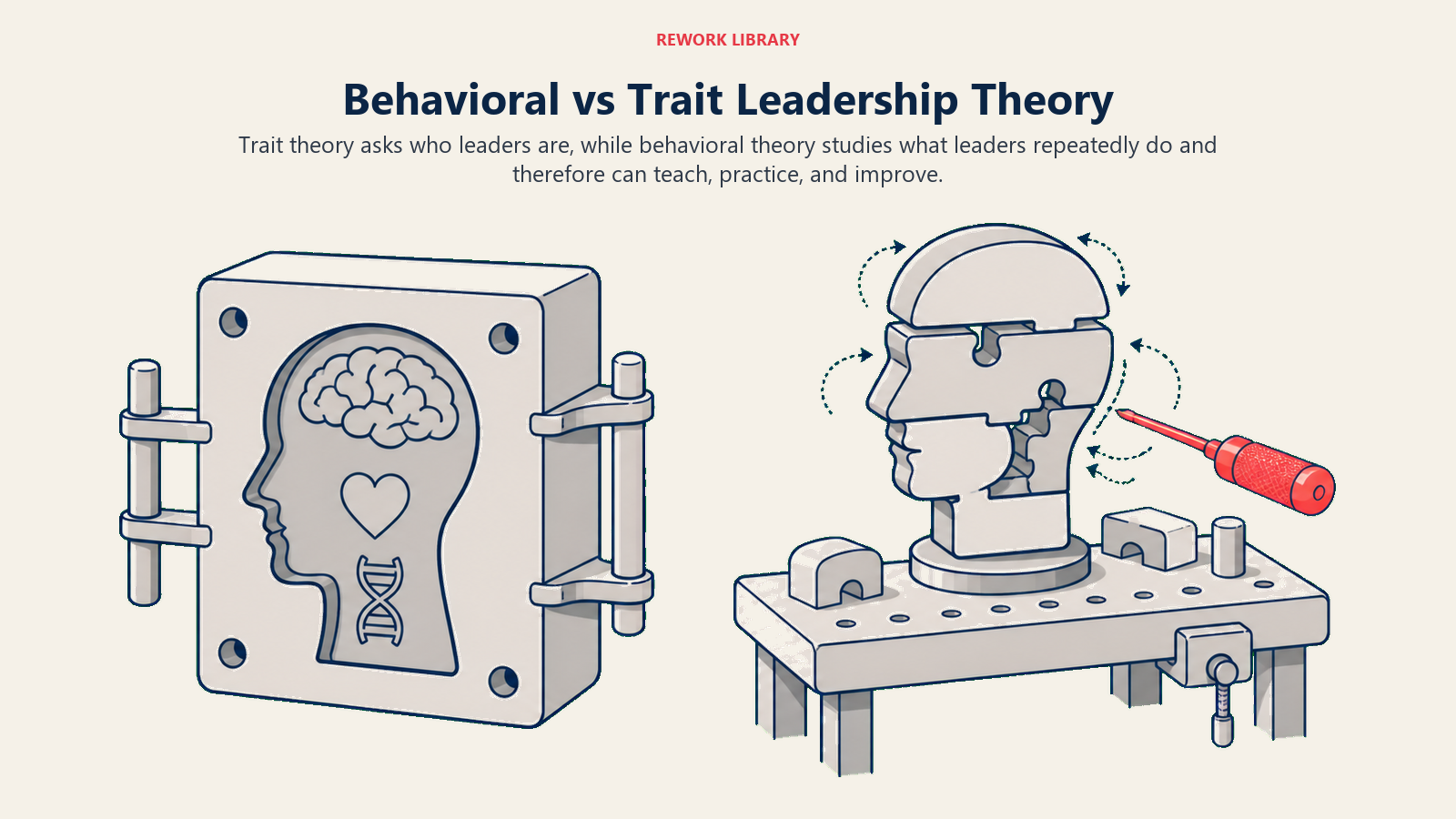 Behavioral vs Trait Leadership Theory illustrated as a fixed sealed mold contrasted with an adjustable practice bench