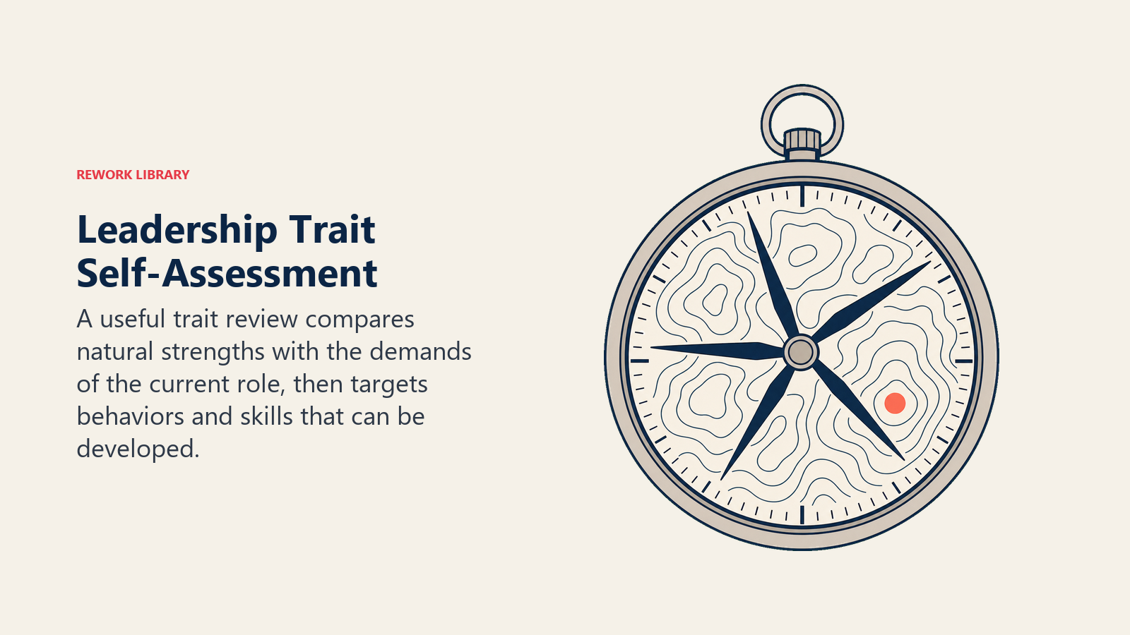 Leadership Trait Self-Assessment: reflective compass mirror showing several uneven trait needles aligned against a separate role-demand map, with one coral development