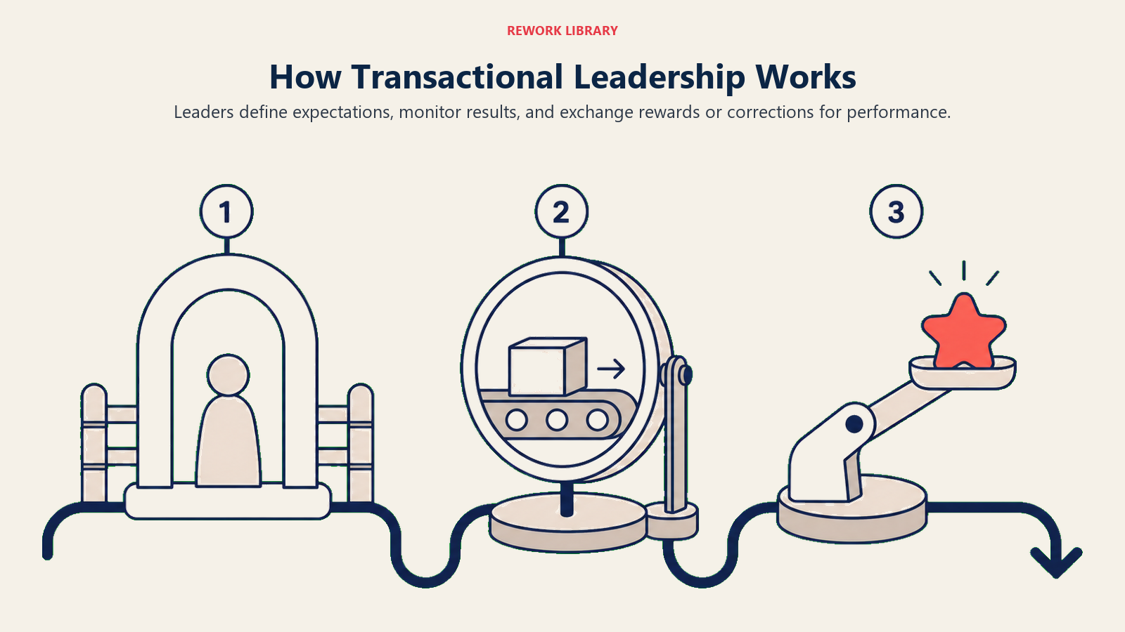 How Transactional Leadership Works shown as a wide three-step exchange cycle