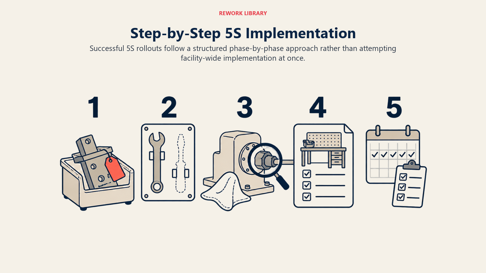 Five-step 5S implementation showing red-tag sorting, tool placement, cleaning and inspection, standard work, and recurring audits