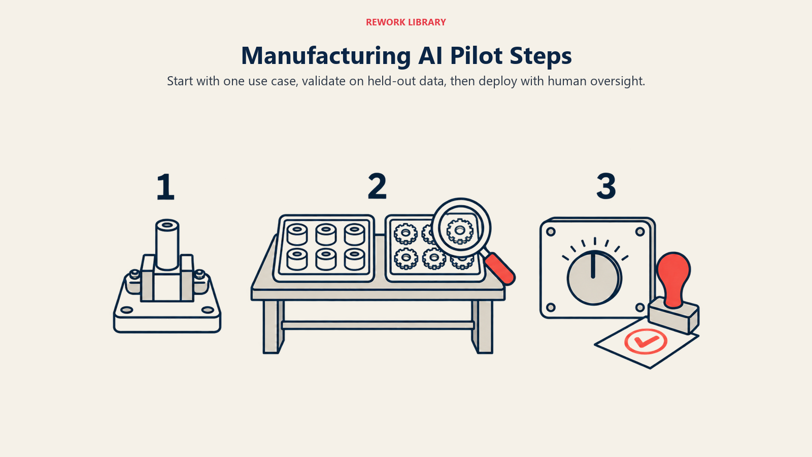 Manufacturing AI pilot steps: a narrow test fixture, separate validation samples and operator approval