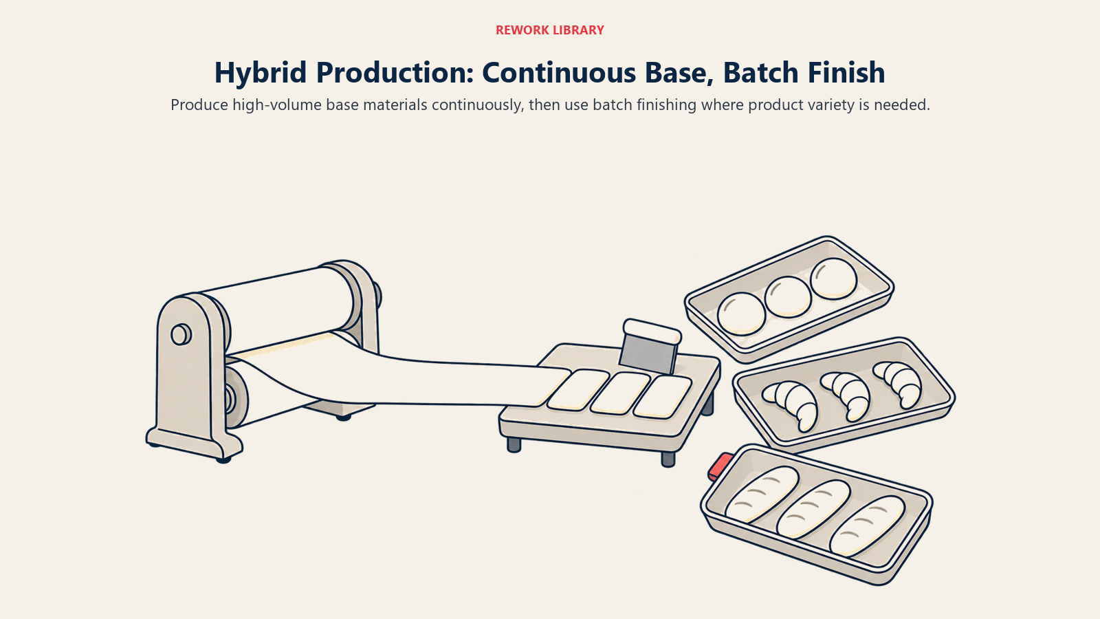 Hybrid production combines a continuous dough ribbon with separate batch trays of round, crescent and long dough pieces