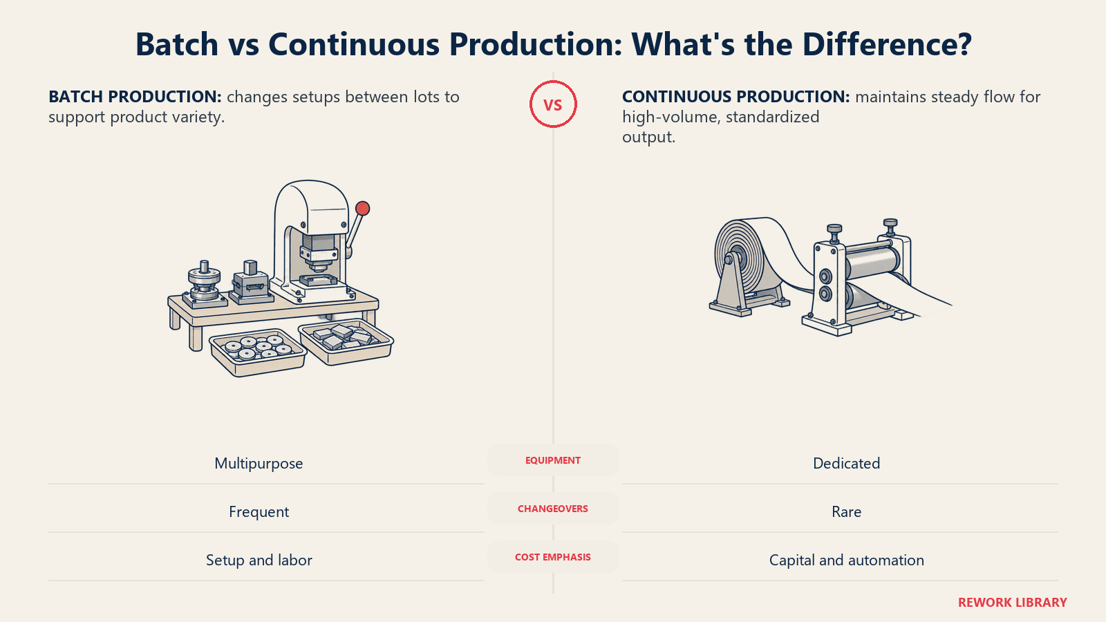 Batch vs continuous production: interchangeable batch tooling and separate lots contrasted with a steady roller-fed material stream