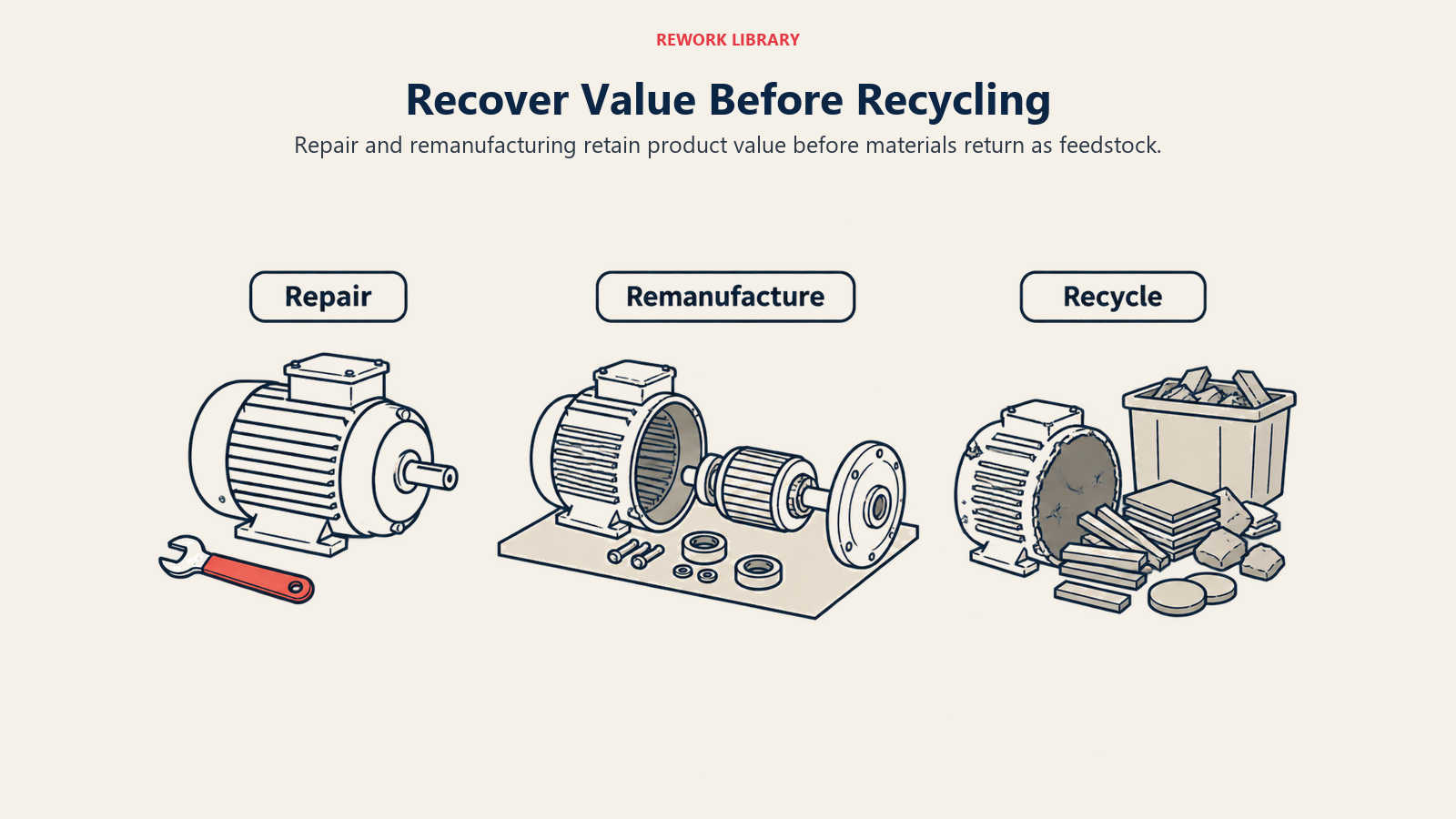 Recover value before recycling: a motor is repaired, remanufactured or separated into recovered materials