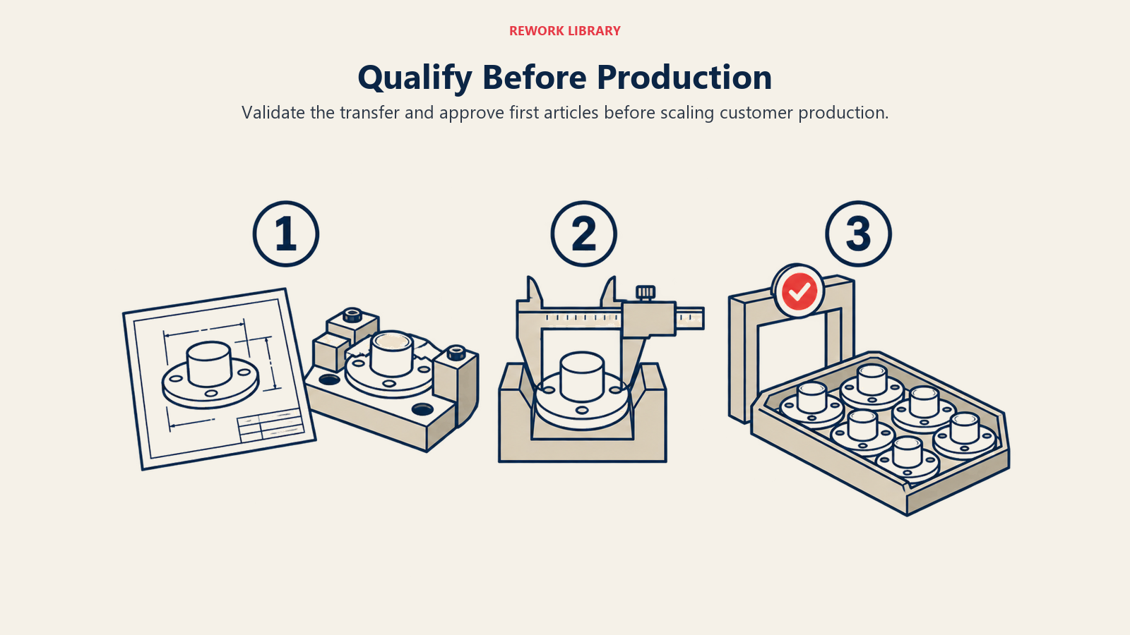 Qualify before production: transfer documentation, first-article inspection and approval precede production scale