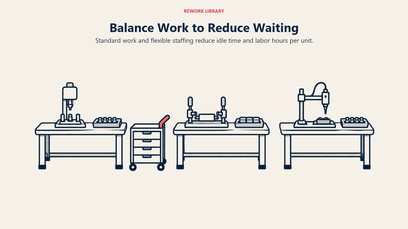 Balance work to reduce waiting: three assembly stations share modest work queues and a movable tool trolley