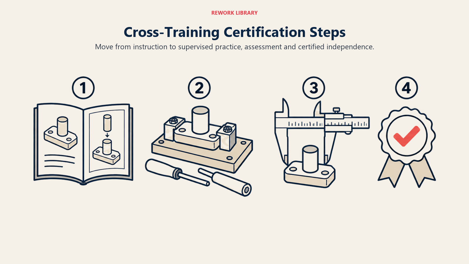 Cross-training certification steps: instruction, practice, assessment and certification appear in sequence