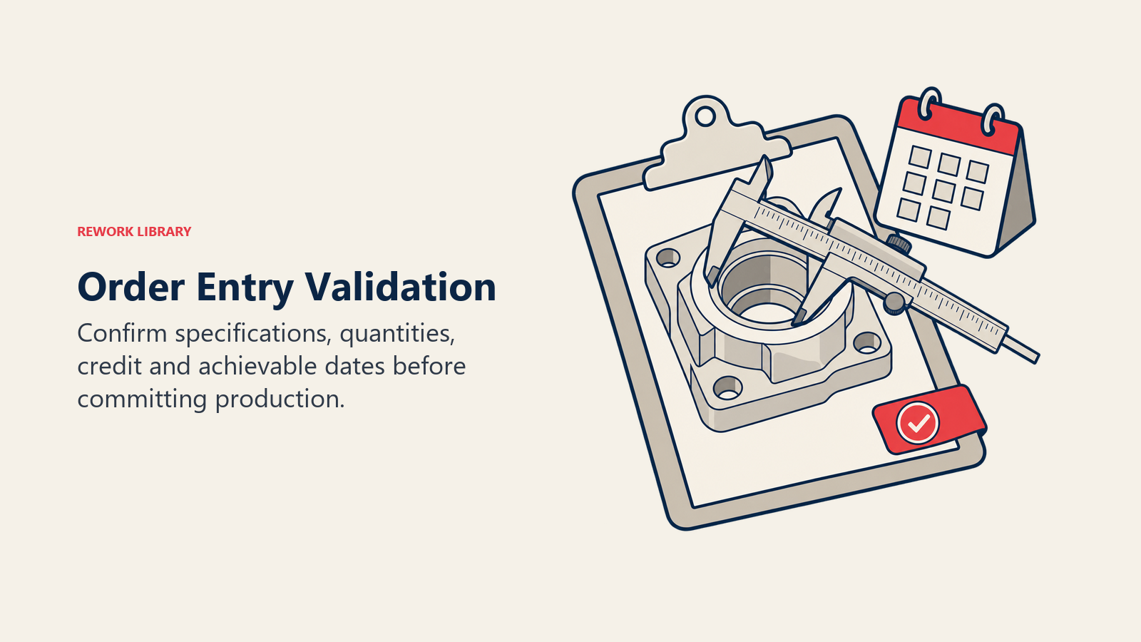 Order entry validation with a machined part, caliper, order form and delivery calendar