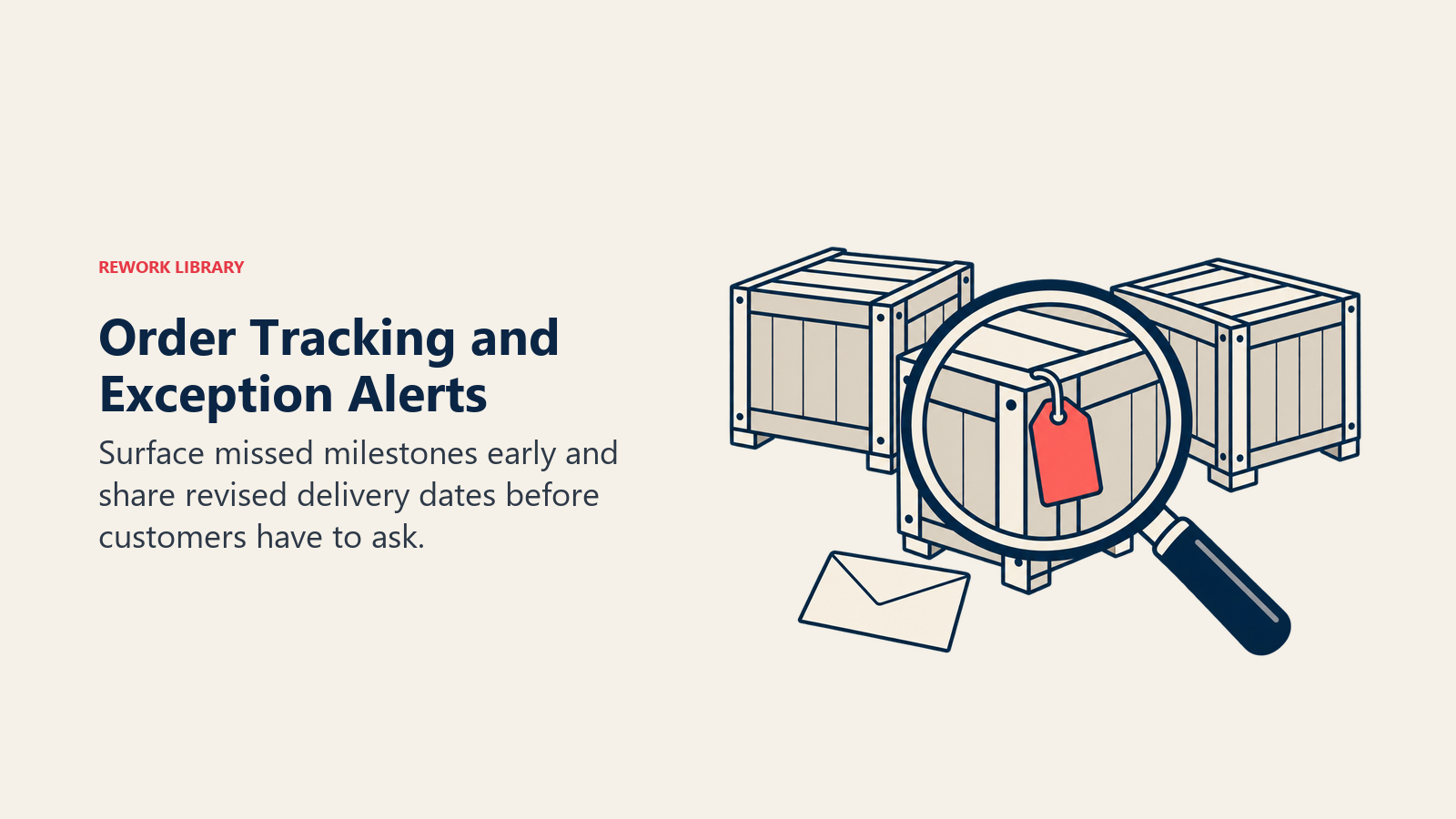 A magnifying lens reveals a held order while an envelope represents proactive customer updates