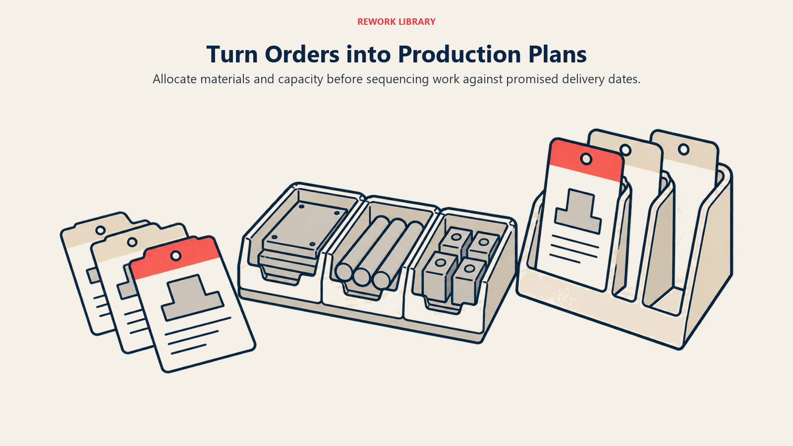 Order tickets, material kits and scheduling slots aligned into a feasible production plan