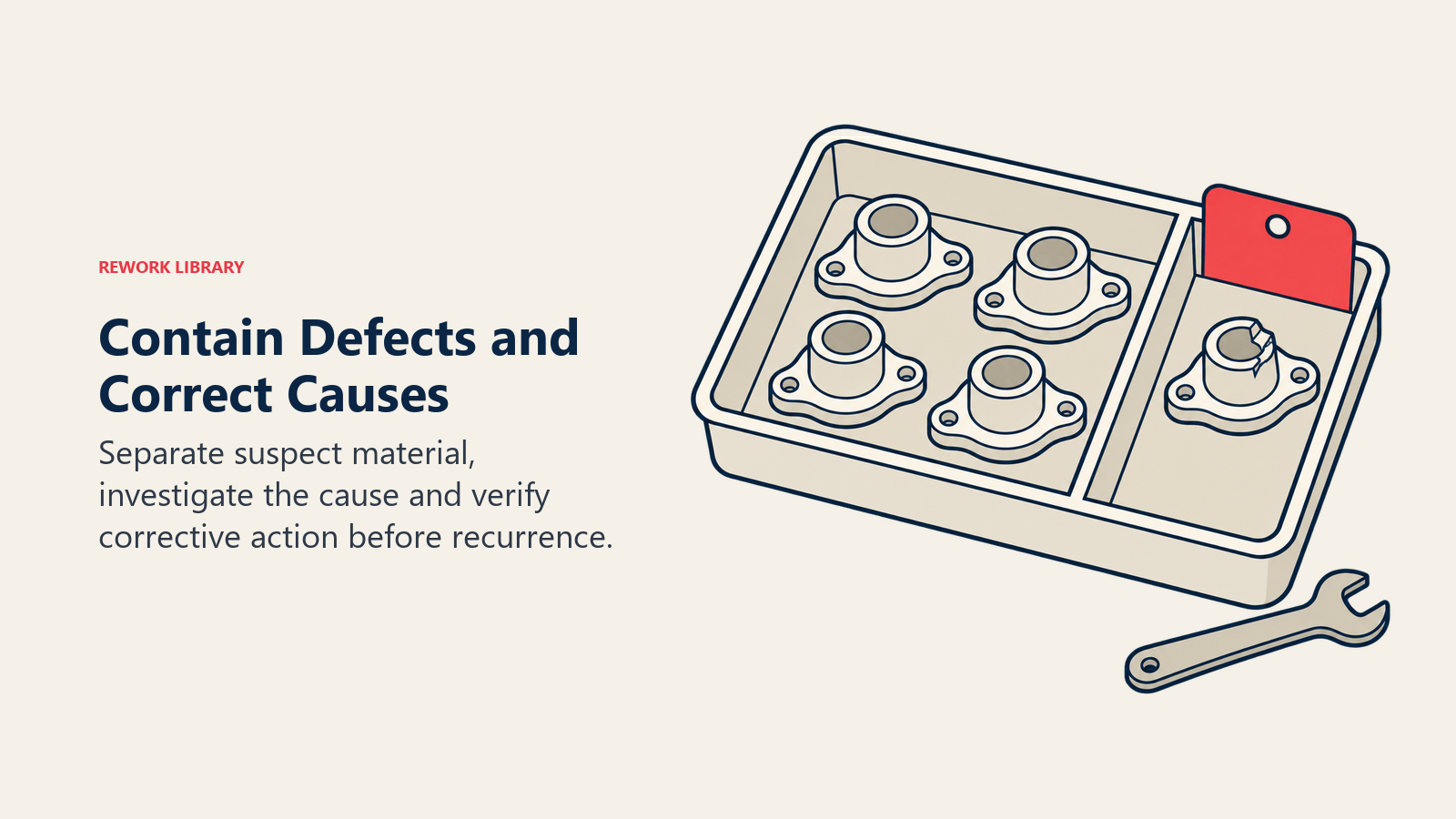 A chipped component isolated from conforming parts for containment and corrective action