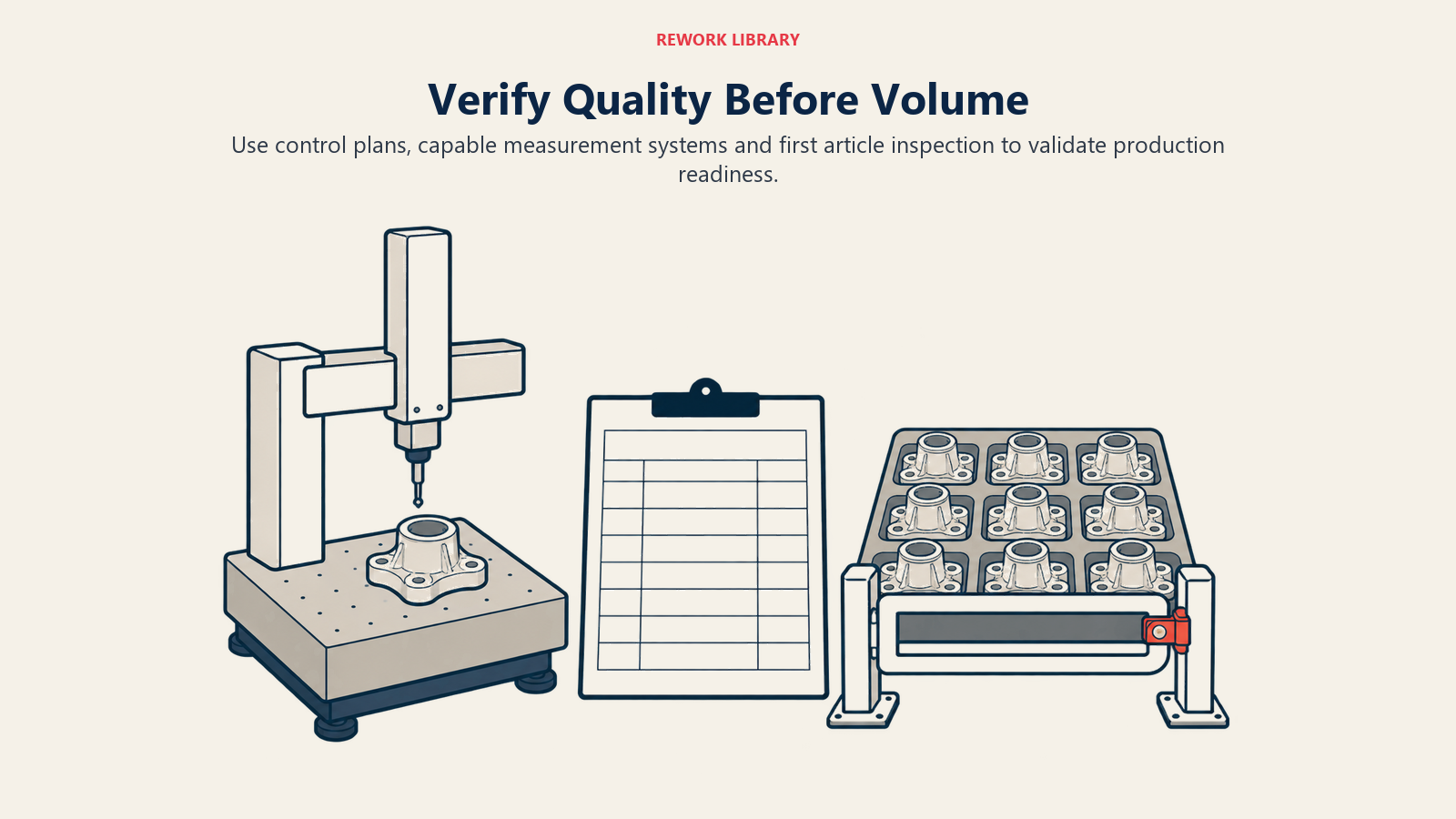 First article inspection and a control plan guard the release of a full production lot