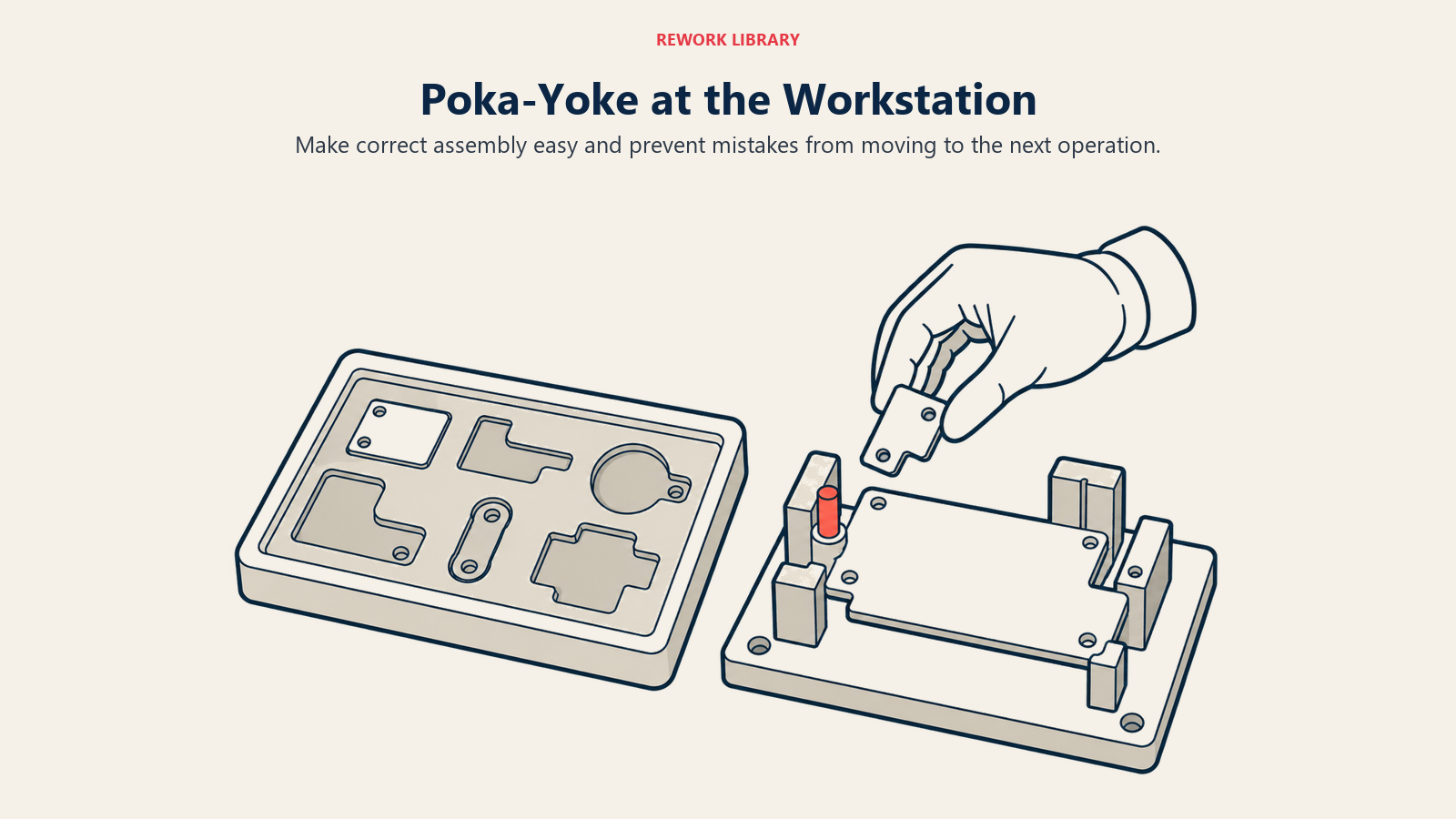 Shaped component recesses and an asymmetric fixture prevent assembly mistakes