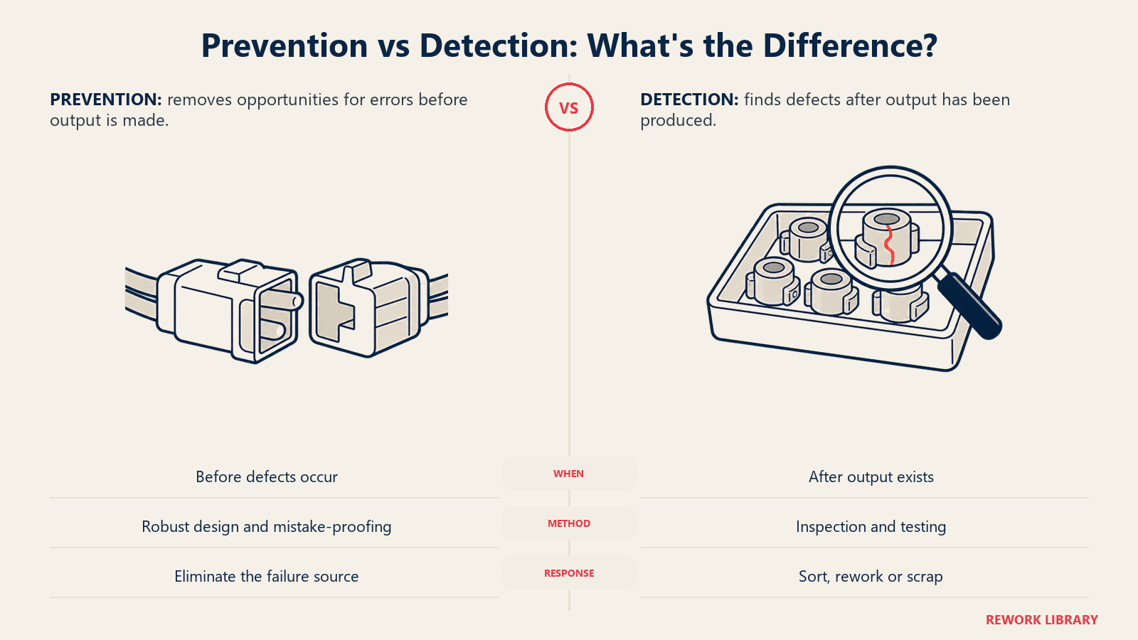 Prevention uses a keyed connector while detection inspects finished parts for cracks