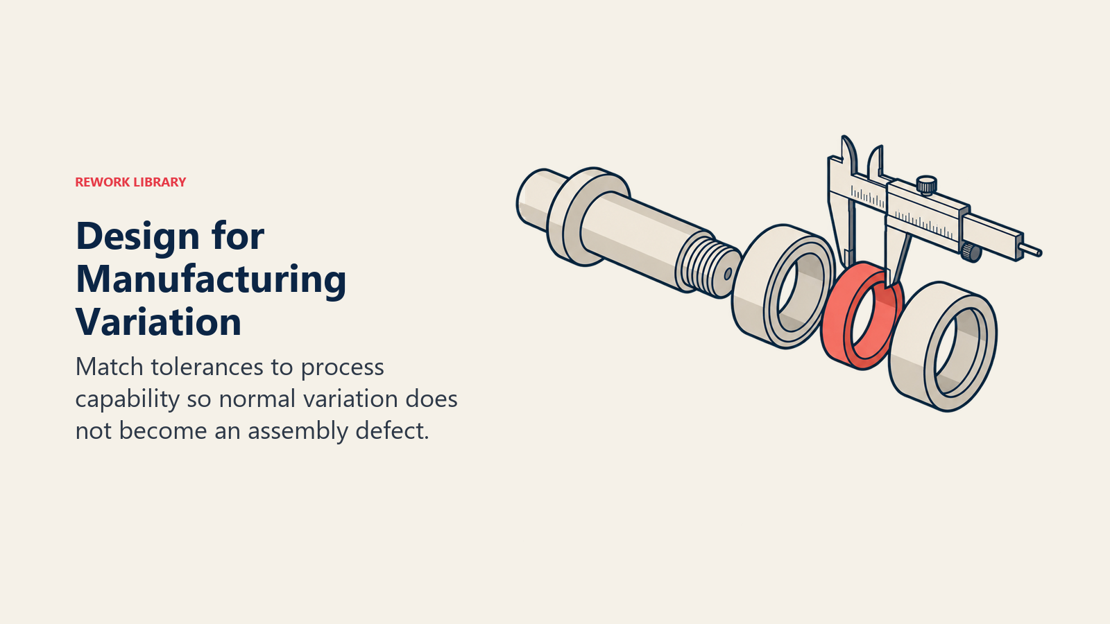 A shaft, tolerance rings and caliper illustrate design for normal manufacturing variation
