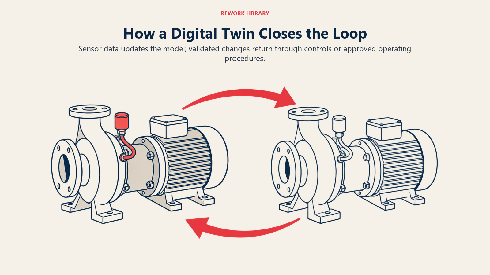 Sensor data flows from a physical pump to its digital twin and validated feedback returns