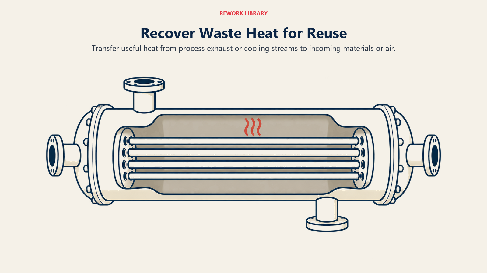 A cutaway shell-and-tube heat exchanger transfers heat between separate fluid passages