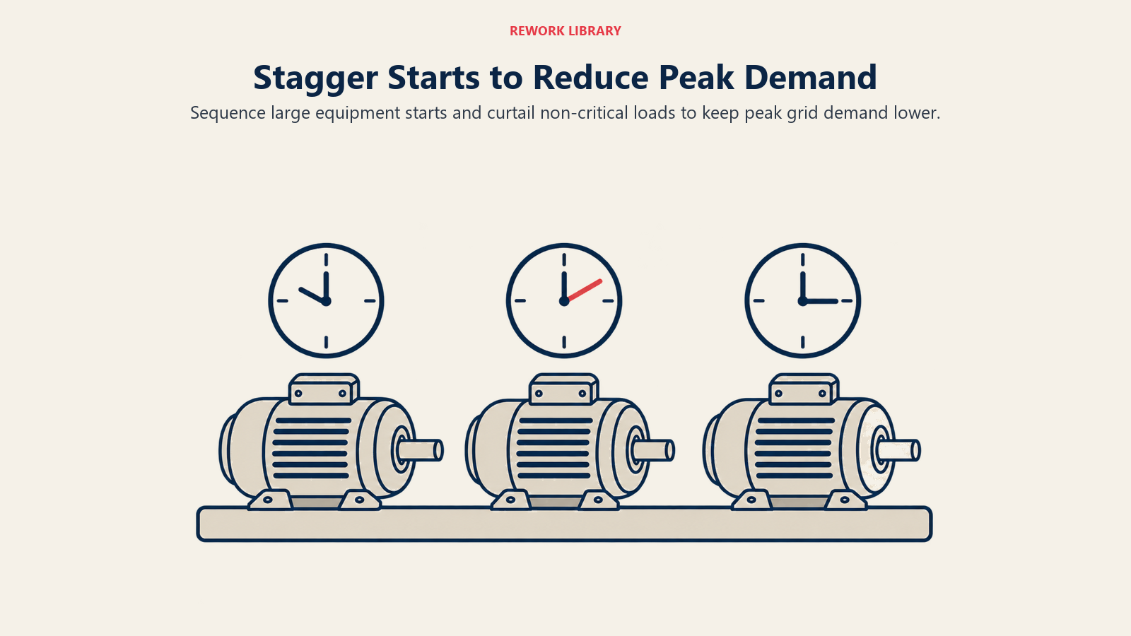 Three motor starts scheduled at different times illustrate peak demand management