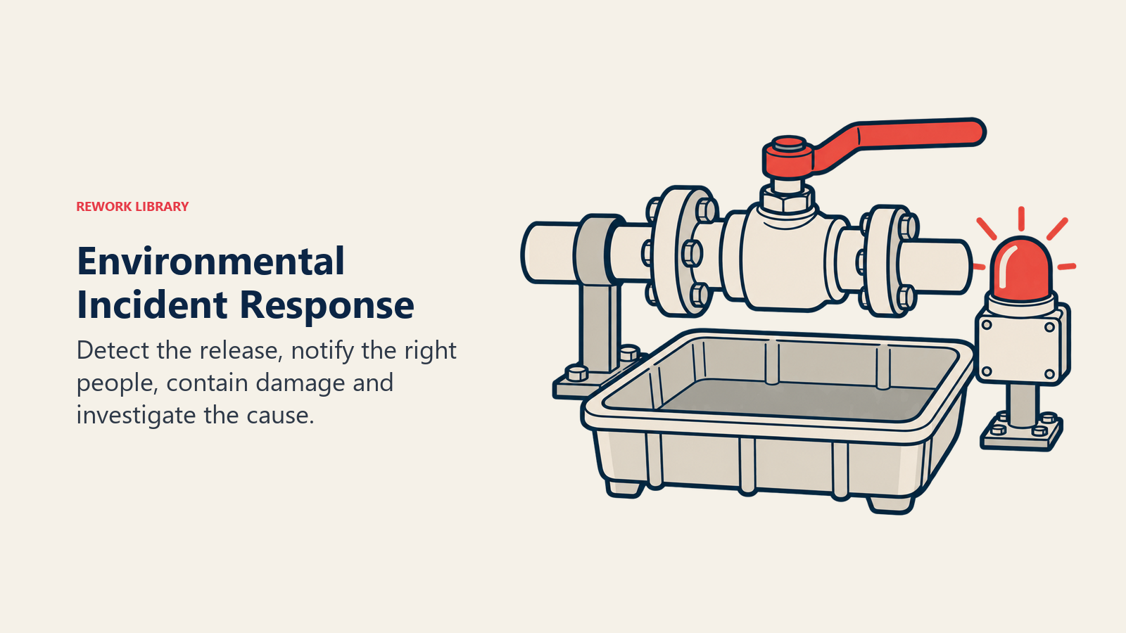Environmental incident response: shutoff valve, alarm and spill containment basin