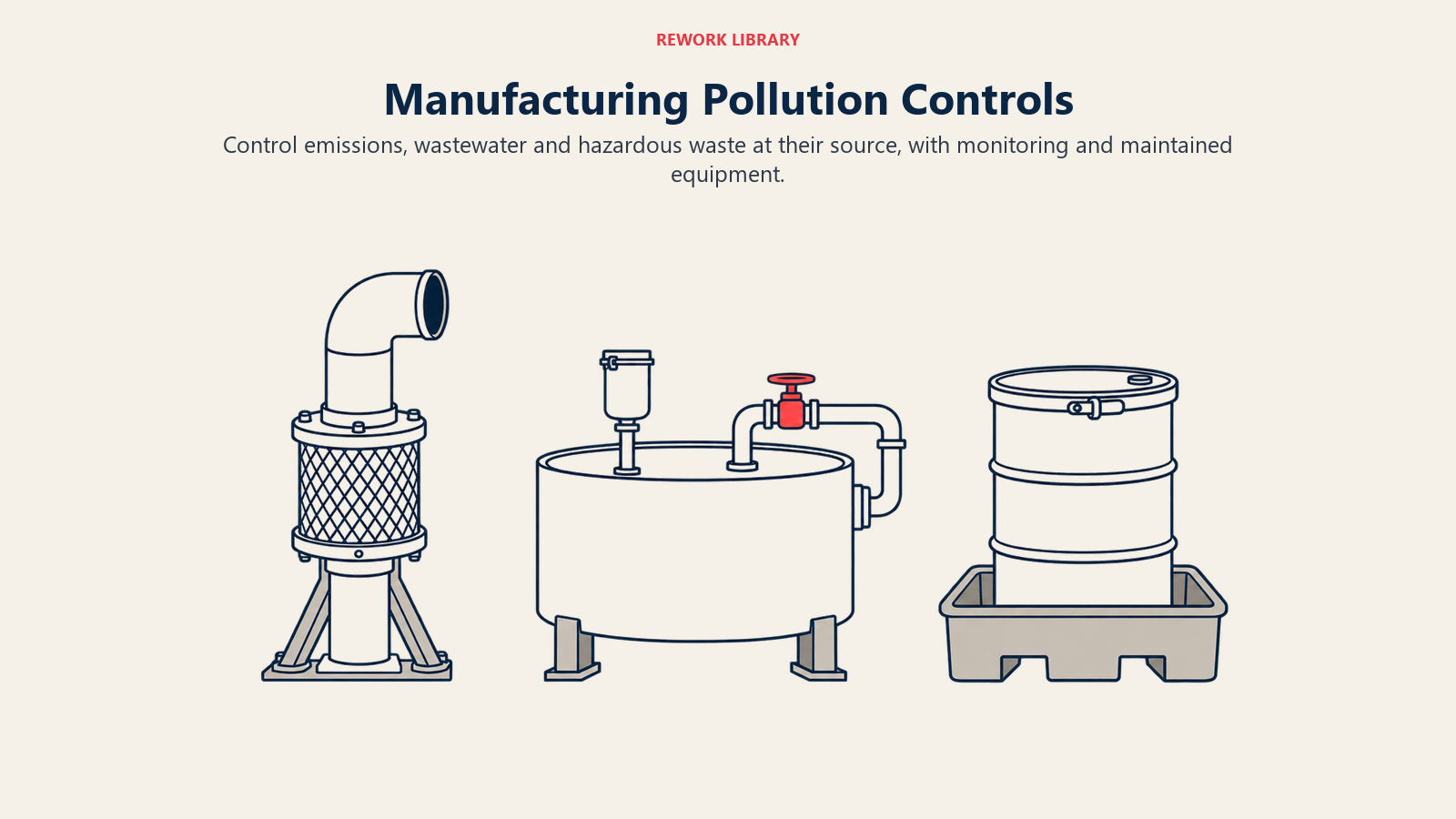 Manufacturing pollution controls: air filter, wastewater tank and contained waste drum
