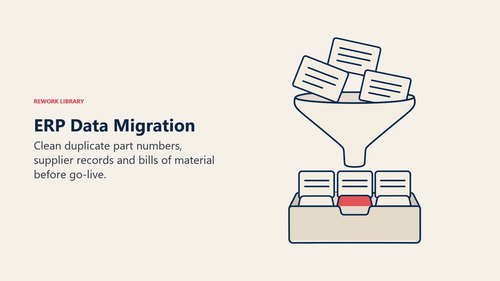 ERP data migration shown as inconsistent records filtered into an orderly file